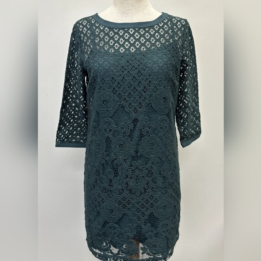 Ann Taylor Loft Lace Shift Dress Womens Floral Overlay 3/4 Sleeve Green Size‎ 4P
